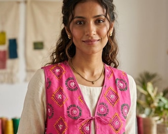 Hot Pink Embroidered Cotton Vest, Boho Tie Front Waistcoat, Indian Mirror Work Jacket