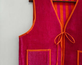 Handmade Quilted Velvet Tie Front Vest, Cotton Velvet Waistcoat