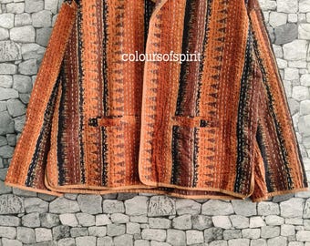 Kantha Cotton Jacket, Indian Pattern Designs Quilted Coat, Womens