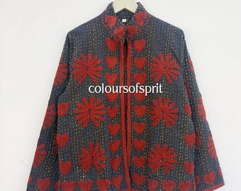 Kurtka Suzani Kantha z kwiatowym wzorem | Haftowany płaszcz z bawełny w stylu boho | Prezent dla niej