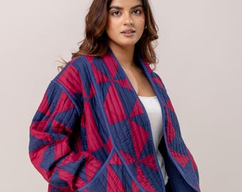 Blue and Magenta Quilted Cotton Jacket, Women's Layering Jacket