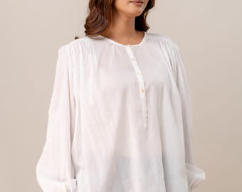 White Cotton Blouse, Women's Puff Sleeve Top, Relaxed Fit Button Front Shirt