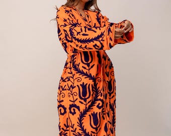 Orange Embroidered Kimono Robe, Women's Canvas Duster, Boho Long Open Front Jacket