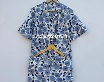 Cotton Pajama Set: Grey Floral Block Print Nightwear