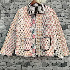 Floral Quilted Cotton Jacket, Patchwork Layering Coat, Striped Trim