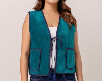 Handmade Quilted Velvet Tie Front Vest, Cotton Velvet Waistcoat