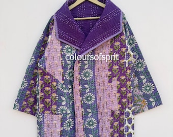 Dwustronna pikowana kurtka Kantha: bawełniany płaszcz w stylu vintage z nadrukiem blokowym nr 44