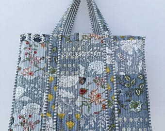 Patchwork Cotton Quilted Tote Bag, Block Print Duffle, Handmade Carryall