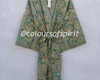 Belle robe kimono en coton, peignoir kimono, kimono oriental, peignoirs pour femmes, kimono imprimé bloc main, peignoir de douche, peignoir kimono en coton