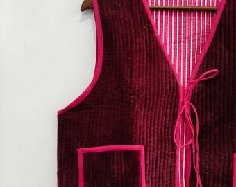 Handmade Quilted Velvet Tie Front Vest, Cotton Velvet Waistcoat