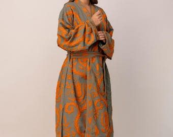 Orange Embroidered Kimono Robe, Women's Canvas Duster, Boho Long Open Front Jacket