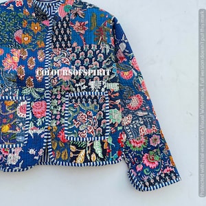 Patchwork-Jacke für Damen Bunt bedruckte Oberbekleidung Patchwork-Mode Retro gesteppter Blumendruck Kostenloser Versand Blaue Baumwolljacken Bild 2
