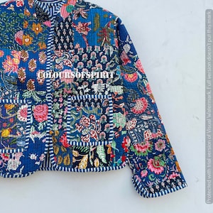 Veste patchwork pour femme Vêtements d'extérieur imprimés colorés Mode patchwork Imprimé floral matelassé rétro Livraison gratuite Vestes en coton bleues image 2