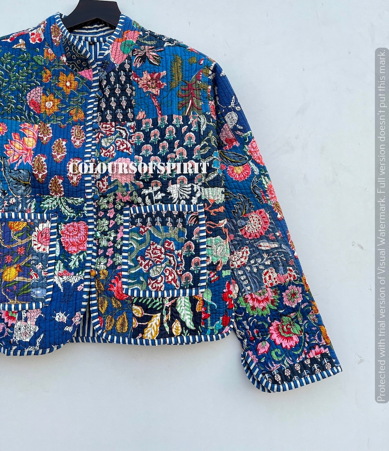 Veste patchwork pour femme Vêtements d'extérieur imprimés colorés Mode patchwork Imprimé floral matelassé rétro Livraison gratuite Vestes en coton bleues image 2