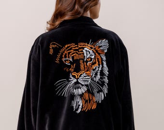 Black Velvet Embroidered Jacket, Women's Tiger Statement Jacket