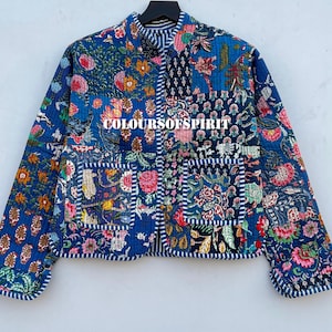 Veste patchwork pour femme | Vêtements d'extérieur imprimés colorés | Mode patchwork | Imprimé floral matelassé rétro| Livraison gratuite | Vestes en coton bleues
