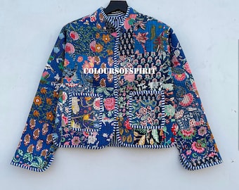 Women&#39;s Patchwork Jacket | Colorful Printed Outerwear | Patchwork Fashion | Retro Quilted Floral Print| Free Shipping | Blue Cotton Jackets