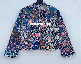 Veste patchwork pour femme | Vêtements d'extérieur imprimés colorés | Mode patchwork | Imprimé floral matelassé rétro| Livraison gratuite | Vestes en coton bleues