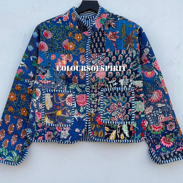 Veste patchwork pour femme | Vêtements d'extérieur imprimés colorés | Mode patchwork | Imprimé floral matelassé rétro| Livraison gratuite | Vestes en coton bleues