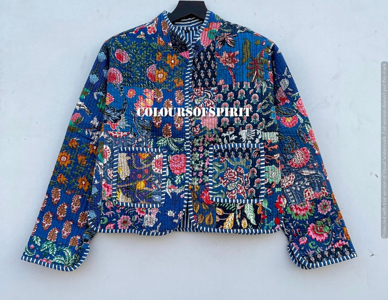 Veste patchwork pour femme Vêtements d'extérieur imprimés colorés Mode patchwork Imprimé floral matelassé rétro Livraison gratuite Vestes en coton bleues image 1