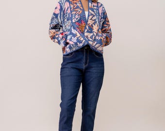 Hand Quilted Kantha Jacket, Boho Floral Cotton Jacket, Indian Handmade Quilted Coat