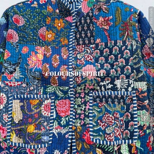 Veste patchwork pour femme Vêtements d'extérieur imprimés colorés Mode patchwork Imprimé floral matelassé rétro Livraison gratuite Vestes en coton bleues image 3