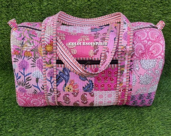 Gesteppte Duffle Tote Schulter Patch Tasche Baumwolle Handprint Floral Umweltfreundliche nachhaltige Tasche, Yoga Shopping Strand Künstler Boho Wochenendtasche