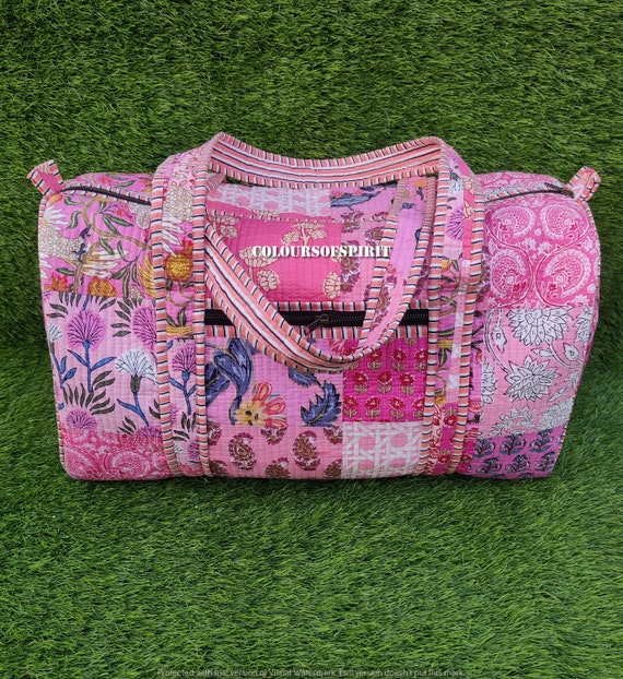 Quilted Duffle Tote Shoulder Patch Bag Cotton Handprint Floral Eco Friendly Sustainable Bag Yoga Shopping Beach Artist Boho Weekend Bag Etsy