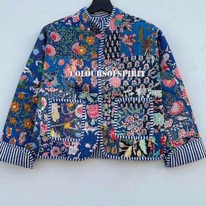 Patchwork-Jacke für Damen Bunt bedruckte Oberbekleidung Patchwork-Mode Retro gesteppter Blumendruck Kostenloser Versand Blaue Baumwolljacken Bild 6