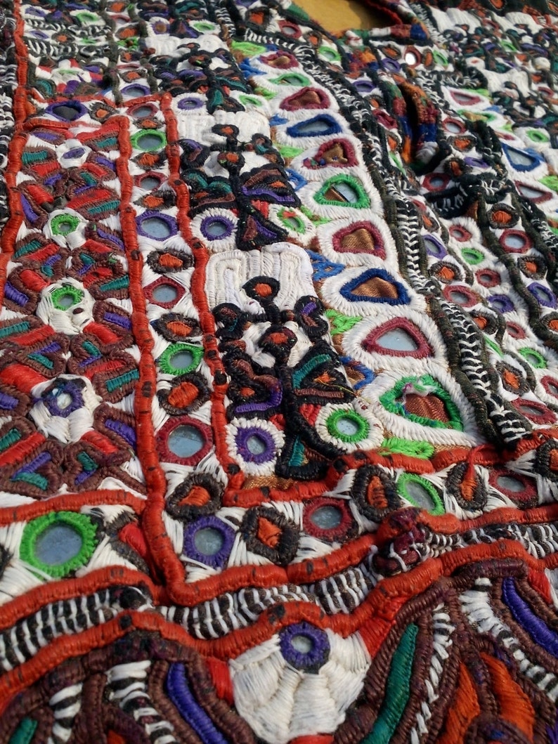 Banjara front dressing neck yoke Mirror work and embroidery patch. Indian vintage banjara neck yoke Thread with embroidery work
