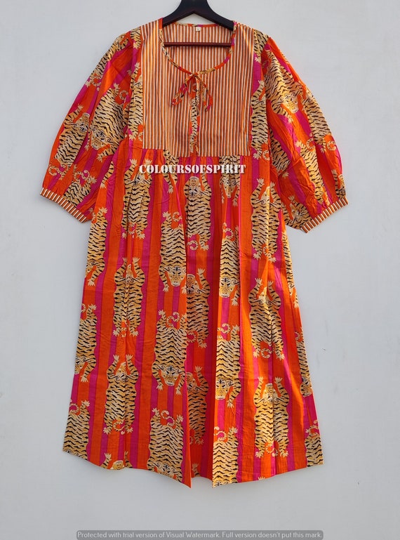 Orange Tiger Stripe Cotton Midi Dress, Block Print