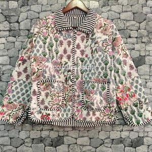 Floral Quilted Cotton Jacket, Patchwork Layering Coat, Striped Trim