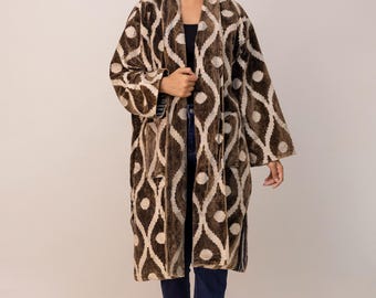 Brown Patterned Velvet Jacket, Women's Long Open Front Coat, Boho Kimono Style