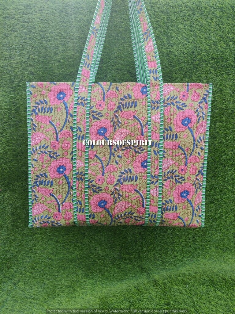 Handgemachte Boho Umweltfreundliche nachhaltige robuste Lebensmittel-Einkaufstasche Gesteppte Baumwolle Hand bedruckte Reversible Floral Einkaufstasche