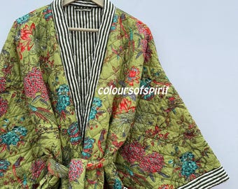 Handmade Cotton Quilted Kimono Robe, Green Bird Print Jacket