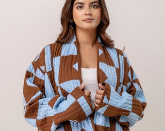 Brown and Blue Quilted Cotton Jacket, Women's Layering Jacket