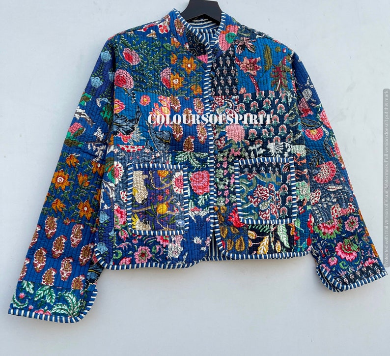 Patchwork-Jacke für Damen Bunt bedruckte Oberbekleidung Patchwork-Mode Retro gesteppter Blumendruck Kostenloser Versand Blaue Baumwolljacken Bild 5