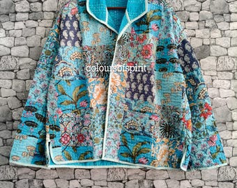 Kantha Cotton Jacket, Floral Patchwork Quilted Coat, Womens
