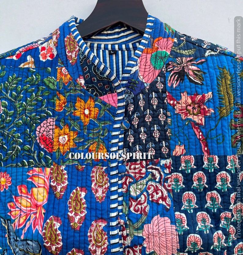 Veste patchwork pour femme Vêtements d'extérieur imprimés colorés Mode patchwork Imprimé floral matelassé rétro Livraison gratuite Vestes en coton bleues image 4