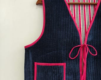 Handmade Quilted Velvet Tie Front Vest, Cotton Velvet Waistcoat