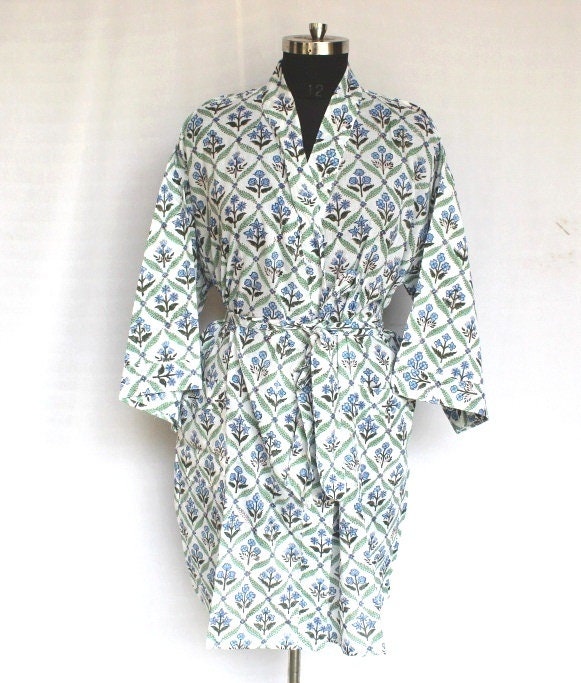 Bridal Cotton Robe Block Print Fabric Kimono Bathrobe Etsy