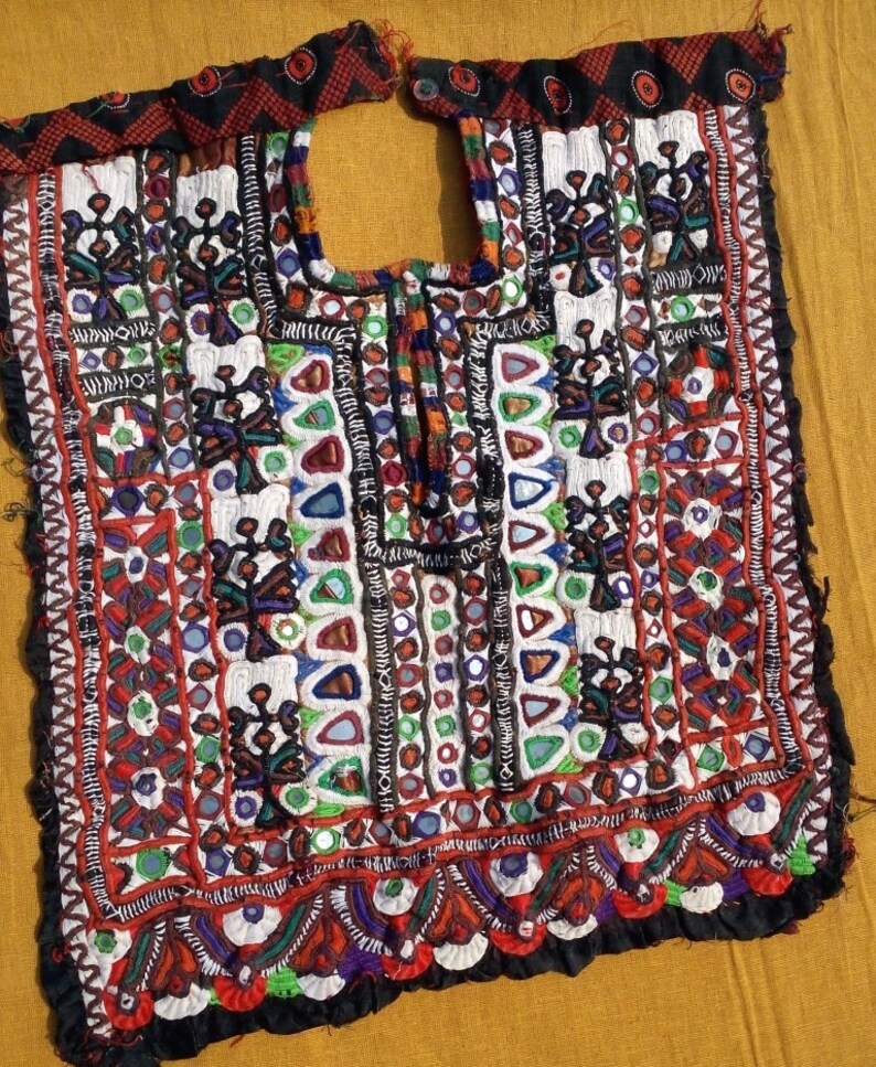 Banjara front dressing neck yoke Mirror work and embroidery patch. Indian vintage banjara neck yoke Thread with embroidery work