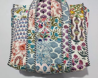 Gesteppte Patchwork-Einkaufstasche, Baumwoll-Handprint-Blumen, umweltfreundliche nachhaltige Tasche, Yoga-Einkaufsstrandkünstler Boho-Wochenendtasche