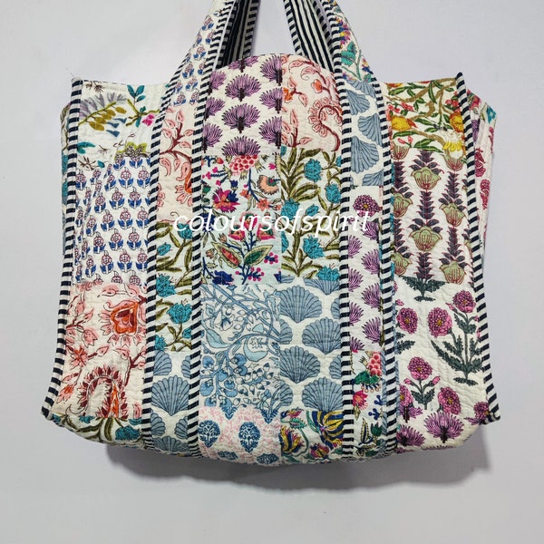 Acolchado Patchwork Tote Hombro Parche Bolsa Algodón Handprint Floral Eco amigable Bolsa sostenible, Yoga Shopping Beach Artist Boho Bolsa de fin de semana