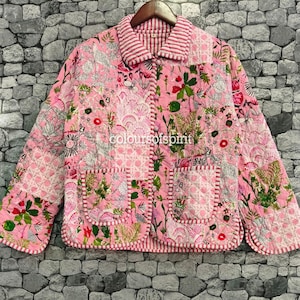 Pink Floral Quilted Jacket, Boho Patchwork Coat for Women