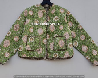 Cotton Women's Quilted Jacket Block Printed Boho Style Quilted Handmade Jackets, Coat Holidays Gifts Button Closer Jacket for Women Gifts