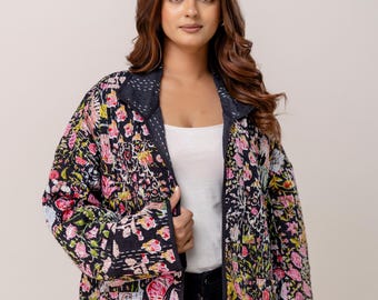 Kantha Cotton Jacket, Floral Patchwork Quilted Coat, Womens