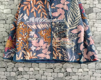 Kantha Cotton Jacket, Floral Printed Quilted Coat, Womens