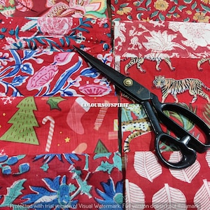 Handblock gedruckte Baumwollstoffreste - 50 Stück Reststücke, rote Blumenaufnäher