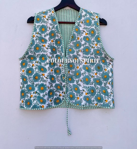 Floral Quilted Kantha Cotton Vest, Indian Block Print Sleeveless Jacket